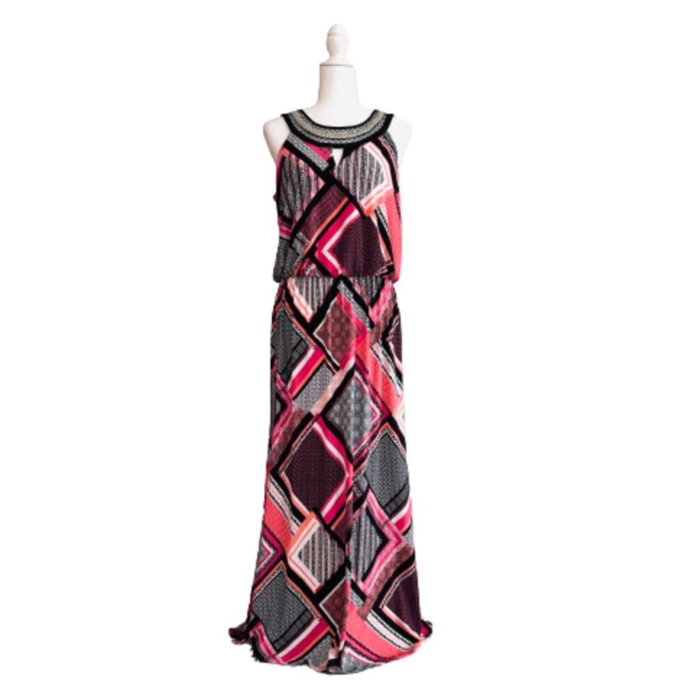 Studio One Maxi Dress Geometric Silver Embellished Neck Sleeveless Small